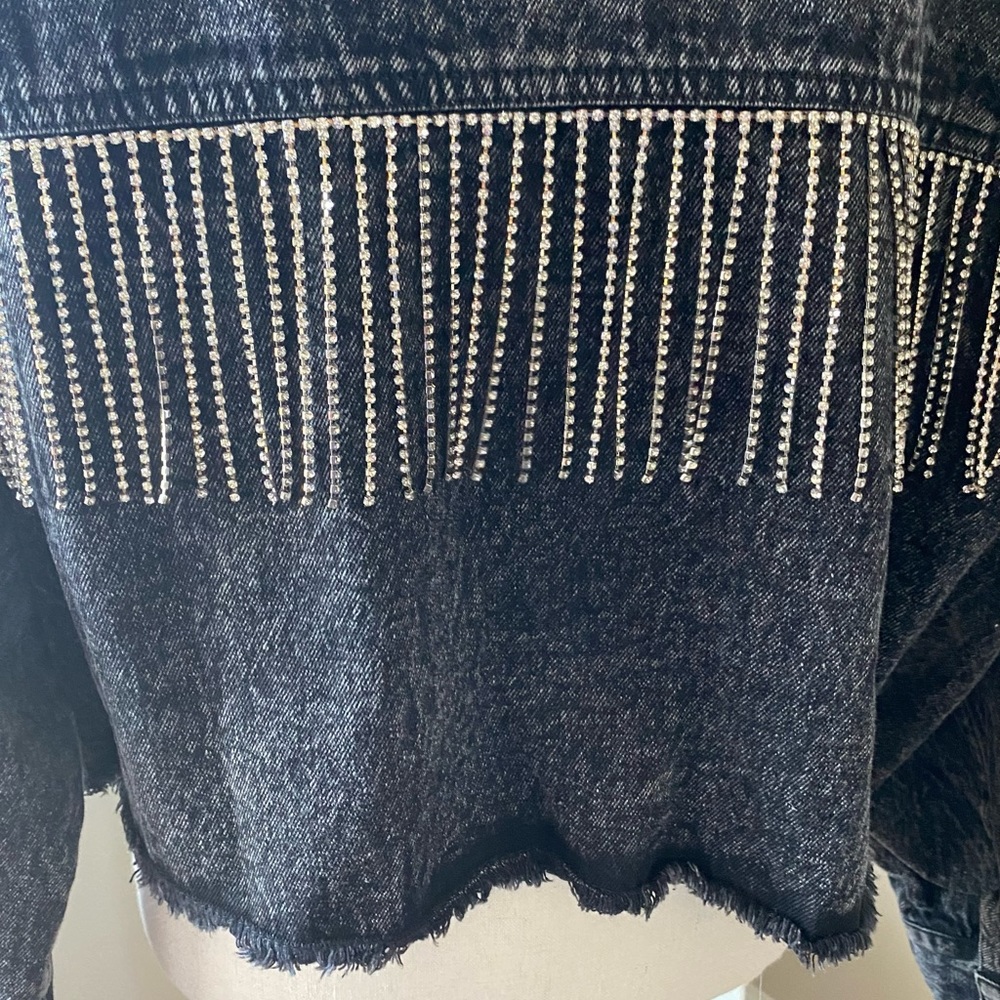 Pink Lily Krista Horton Charcoal Fringe Denim Jacket M - Picture 7 of 9